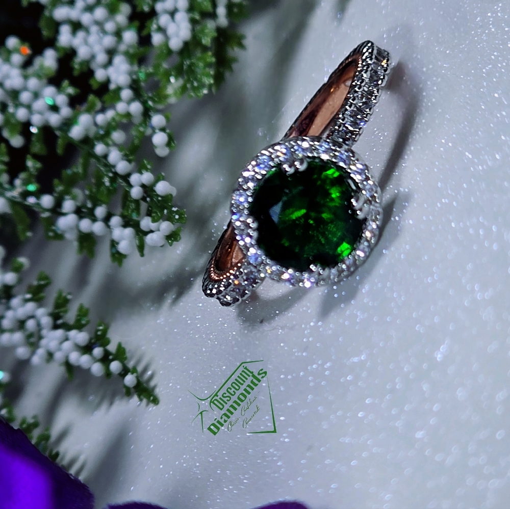 Round Cut Halo Emerald & White Baguette Diamond 14K Rose Gold on 925 Silver - Picture 8 of 9